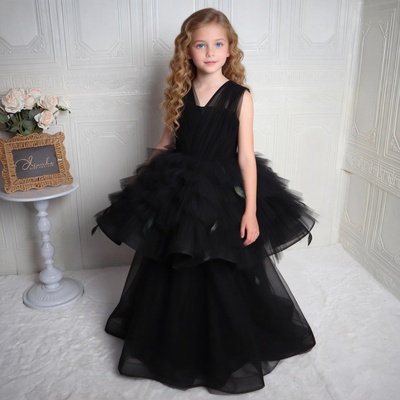欣入荷女童黑色羽毛荷叶边礼服