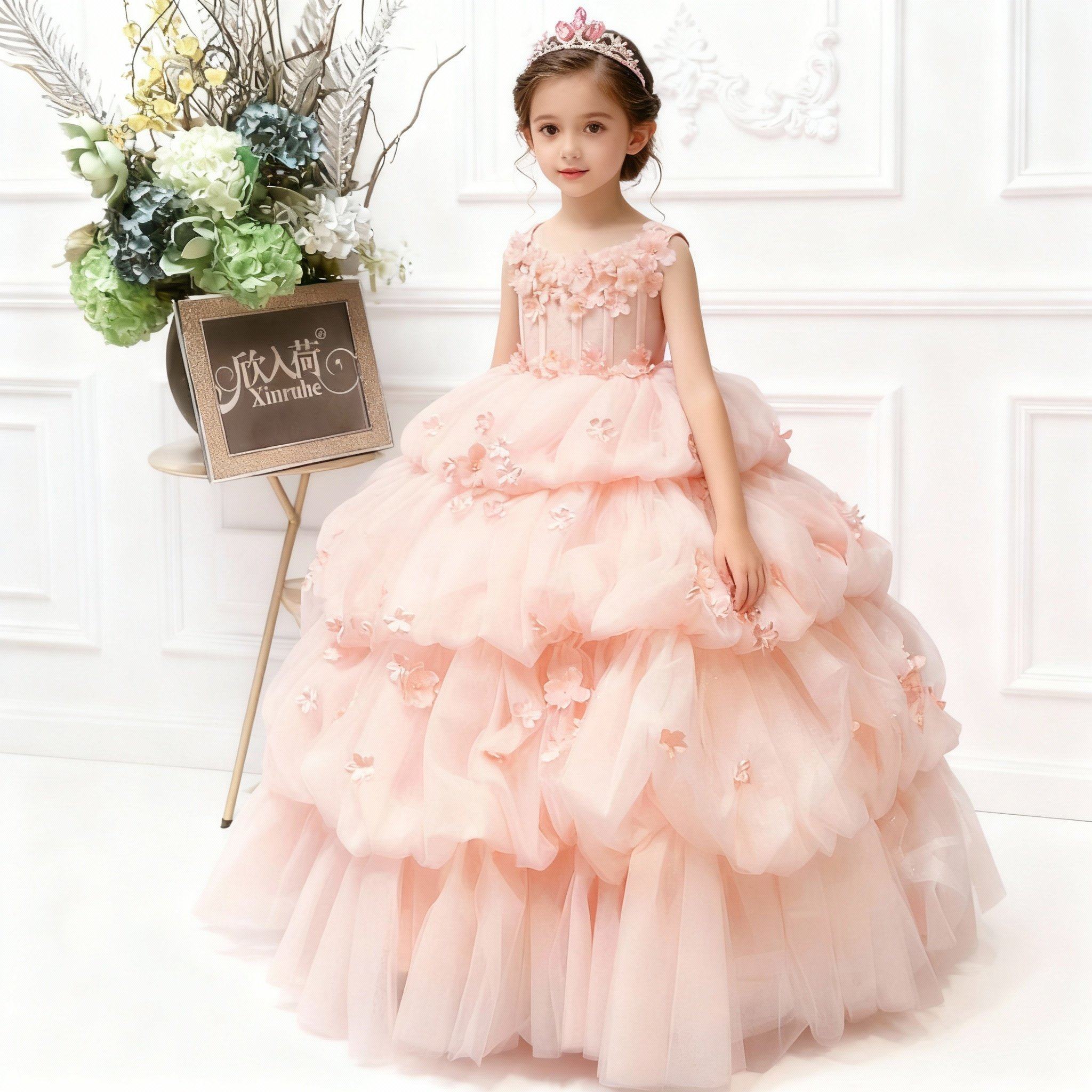 欣入荷粉色花朵女童公主裙主持钢琴演出生日聚会长款礼服裙蛋糕裙