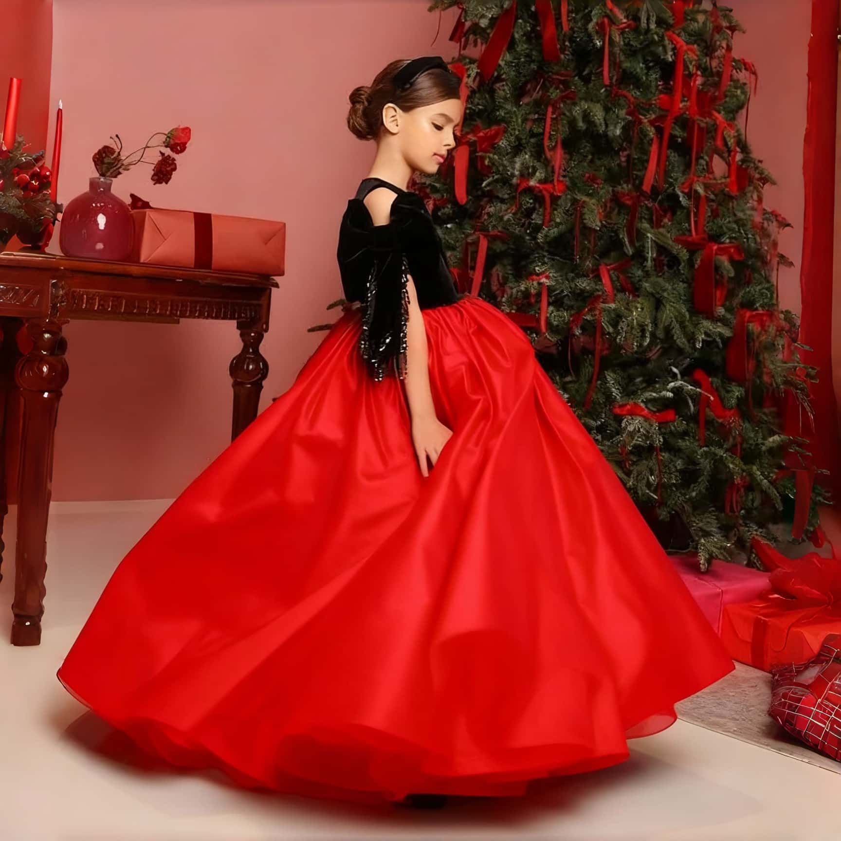 欣入荷红色泡泡袖丝绒大摆裙女童气质钢琴演出礼服圣诞节日公主裙