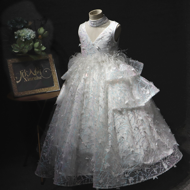 高端长裙女童无袖礼服白色鸵鸟毛公主钢琴演出走秀主持新亮片刺绣