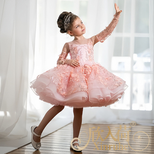欣入荷女童粉色亮片短款礼服公主裙蓬蓬网纱裙儿童模特走秀演出服