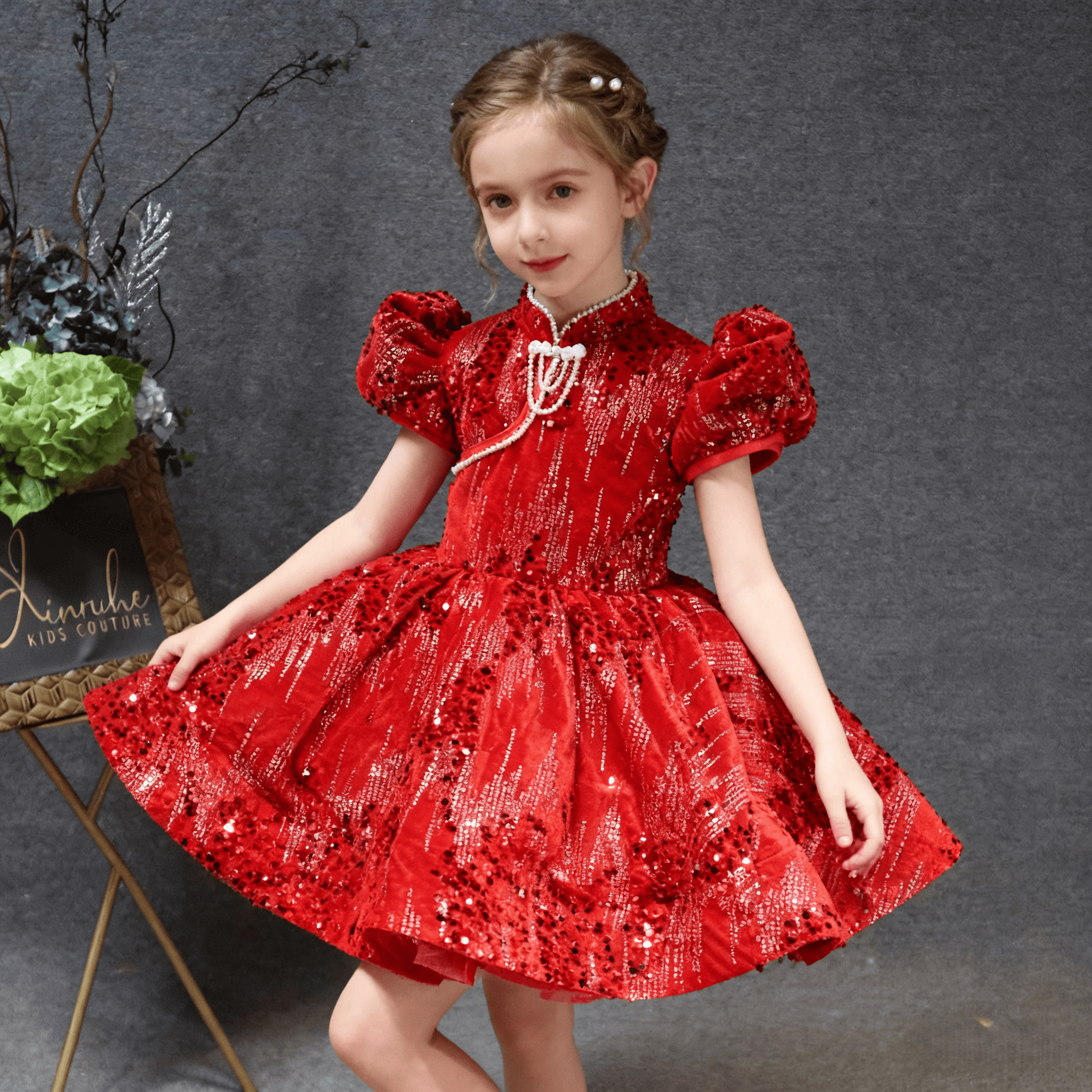 欣入荷中国风红色亮片泡泡袖立领公主裙洋气花童演出服生日晚礼服,童装/婴儿装/亲子装,儿童礼服,淘宝优惠券,粉丝福利购,淘宝优惠卷