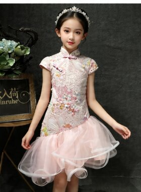 中国风短款亮片奢华粉色儿童礼服