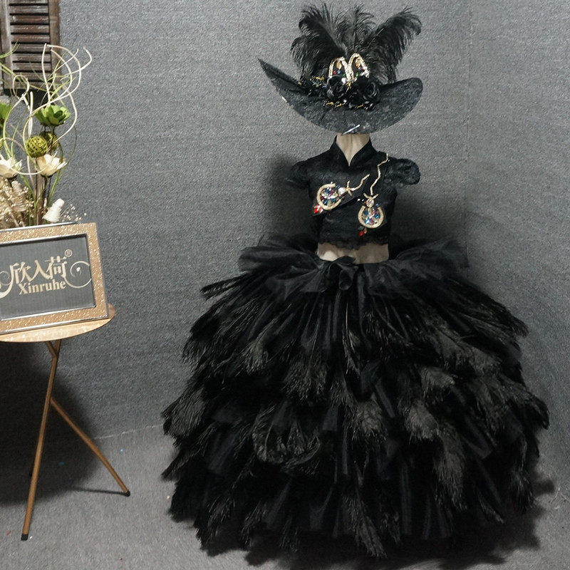 高定款黑色鸵鸟毛夸张女童时尚走秀表演两件套中国风演出礼服,童装/婴儿装/亲子装,儿童礼服,淘宝优惠券,粉丝福利购,淘宝优惠卷