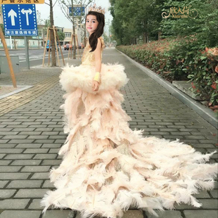 儿童香槟女礼服公主蓬蓬裙高贵主持服华服鸵鸟毛前短后长拖尾走秀