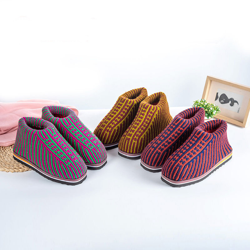 勾织中老年中帮秋冬毛线拖鞋女冬纯手工棉鞋成品鞋婚庆女士地板