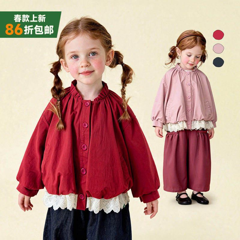 童装2026年春季新款女童外套宽松女宝可爱花边红色外套上衣韩版潮