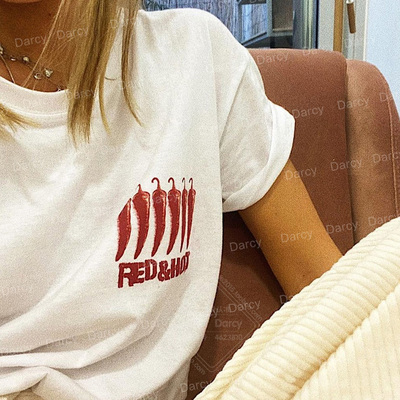 美式复古手绘涂鸦线条6个红辣椒字母red创意蔬菜小众短袖街头T恤