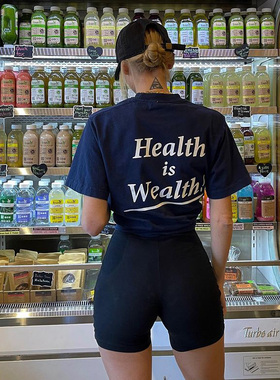 2022夏美式复古运动健身跑步T恤后背大字母ins街头health圆领短袖