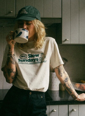 美式复古SUNDAY乌龟字母插画短袖中古着vintage小众情侣慵懒白T恤