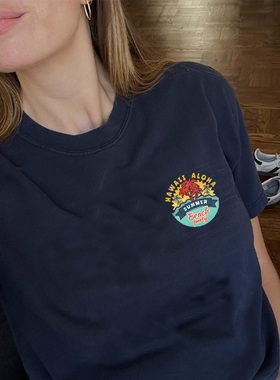 美式复古小众设计夏威夷沙海滩聚会夏季字母度假情侣椰树小标T恤