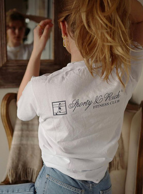 美式复古运动sporty跑步人物线条字母宽松体T恤正肩减龄显瘦短袖