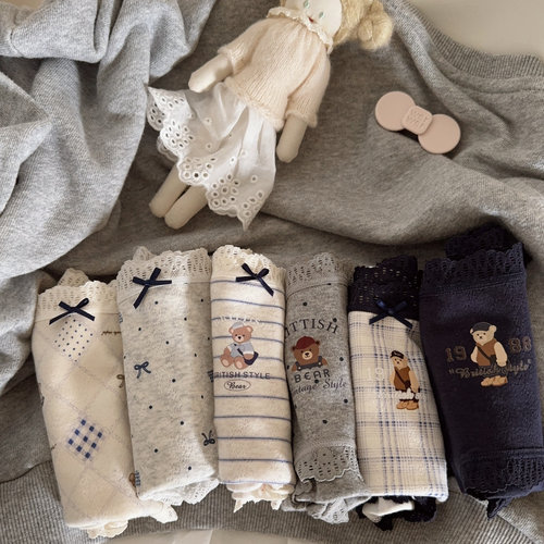 盐系灰蓝色英伦复古学院风婴儿棉撞色甜美卡通舒适小熊中高腰内裤