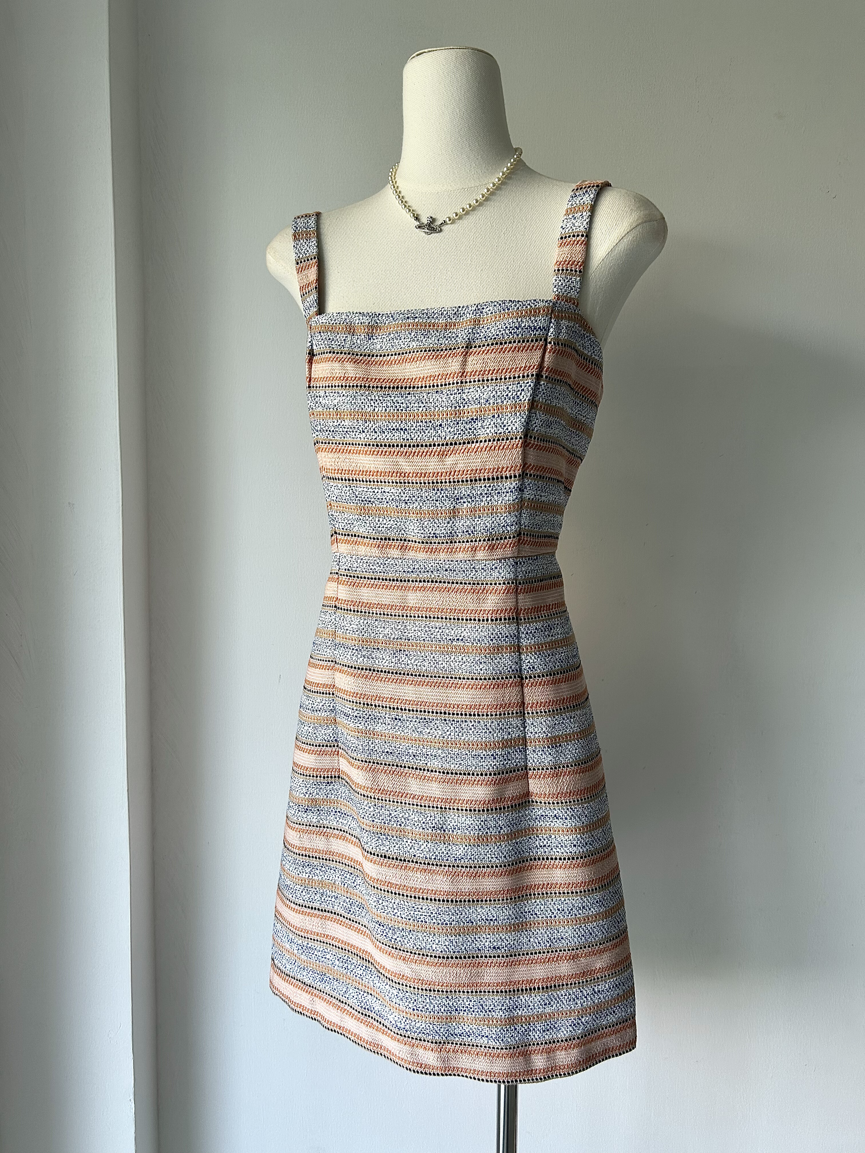 捡漏外单 设计感显白条纹吊带背带连衣裙 复古编织小众收腰连衣裙