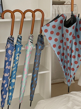 长柄伞女复古大波点直杆加固防风晴雨两用防晒紫外线自动遮阳雨伞