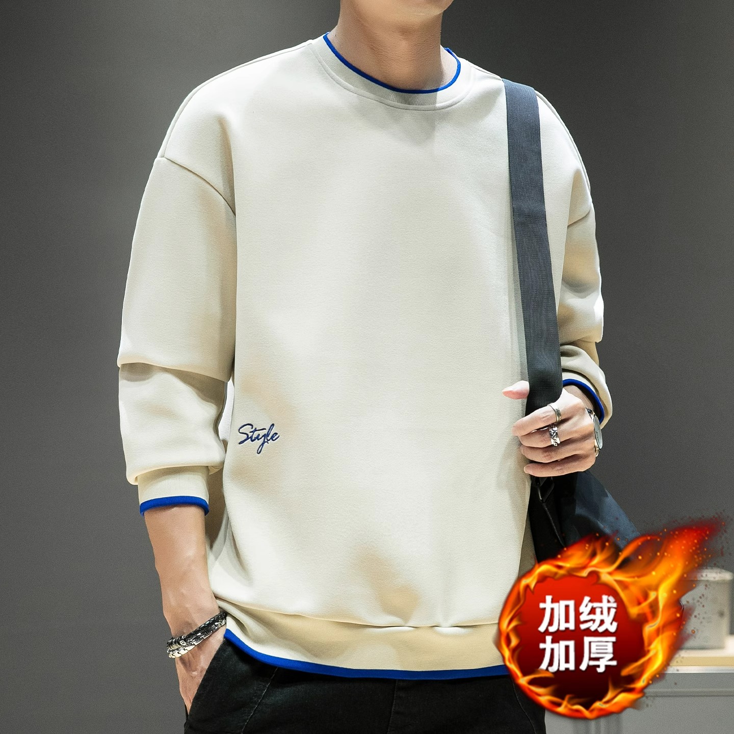 Yishion以纯厚款潮卫衣男秋冬季宽松德绒上衣加绒加厚长袖打底衫