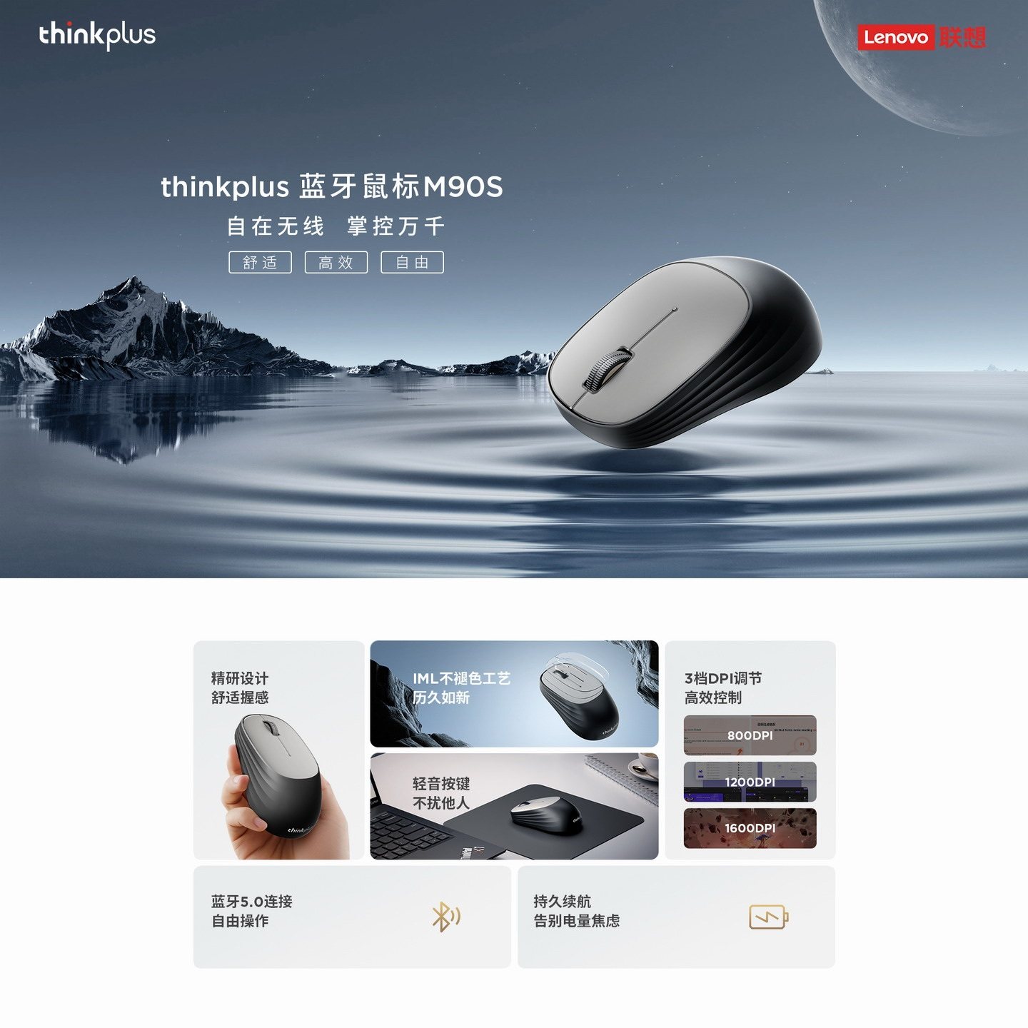 联想thinkplus蓝牙无线办公光学轻静音鼠标3档长续航亲肤防刮M90s