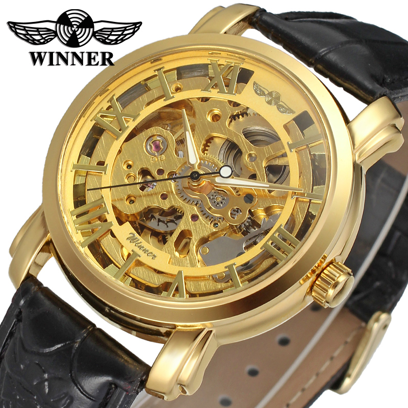 T-WINNER胜利者手表  镂空透底罗马数字机械表黑皮带腕表男表女表
