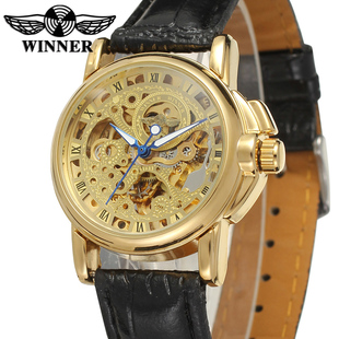 T-WINNER胜利者手表 镂空罗马数字机械表蓝指针黑皮带腕表手表