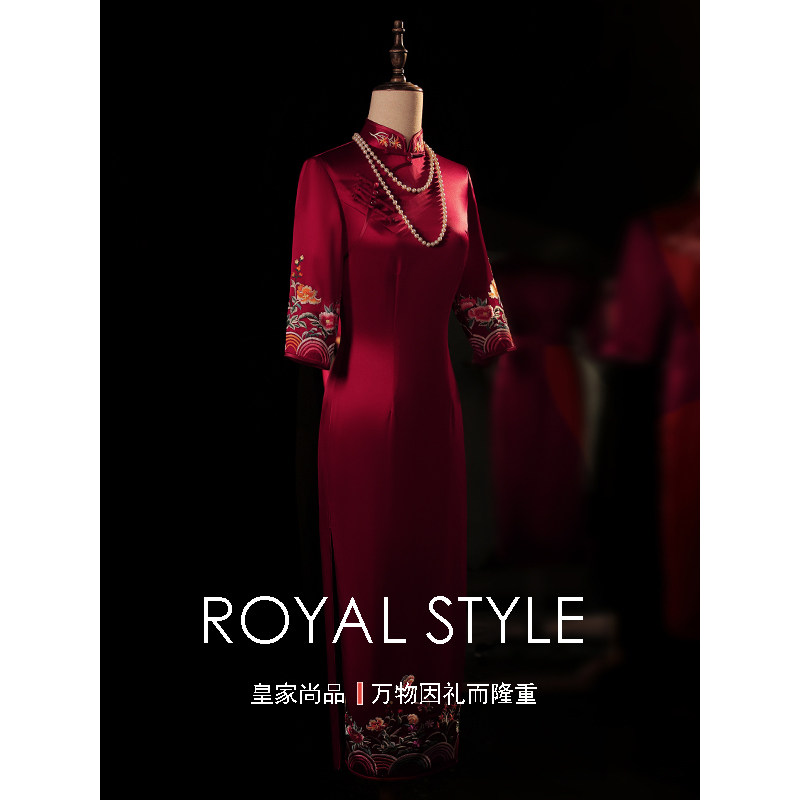 喜婆婆婚宴妈妈装改良旗袍礼服2021秋冬款高端立领大码红色连衣裙