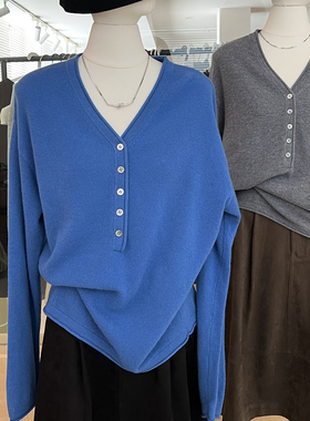 蓝色羊毛毛衣女外穿v领宽松慵懒风松弛 韩版长袖高级感针织衫上衣