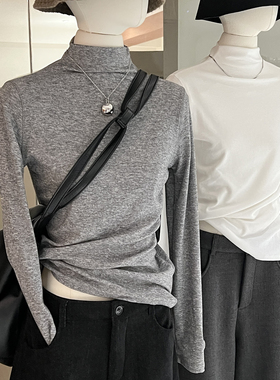 灰色半高领打底衫女内搭叠穿修身正肩 简约软糯日常好搭配t恤上衣