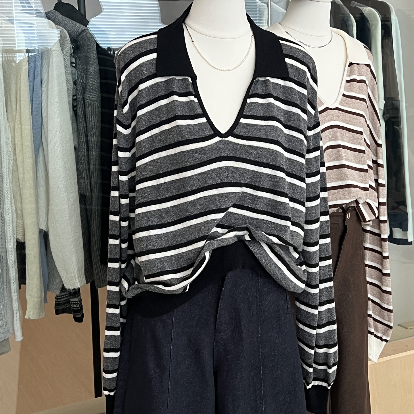 条纹polo针织衫v领羊毛混纺宽松