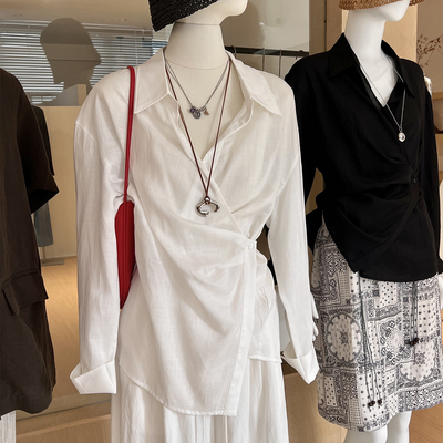 法式系带V领收腰莱赛尔苎麻衬衫