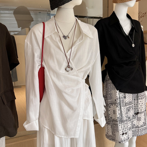 法式系带V领收腰莱赛尔苎麻衬衫