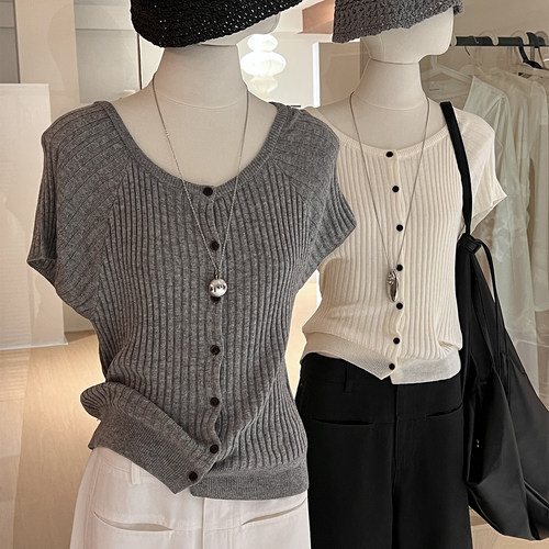 法式单排扣插肩显瘦短袖针织上衣