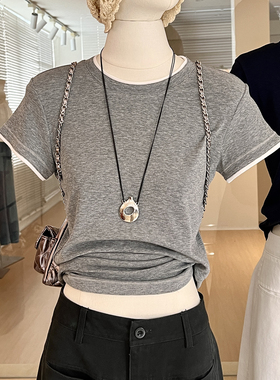 灰色短袖t恤女夏修身正肩圆领 撞色设计感日常简约百搭基础款上衣