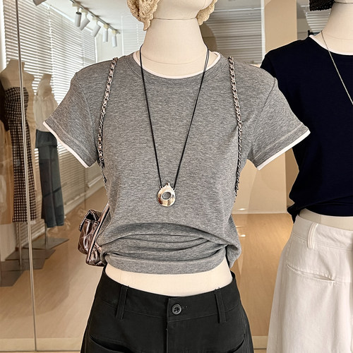 撞色边软糯舒适修身短袖T恤简约