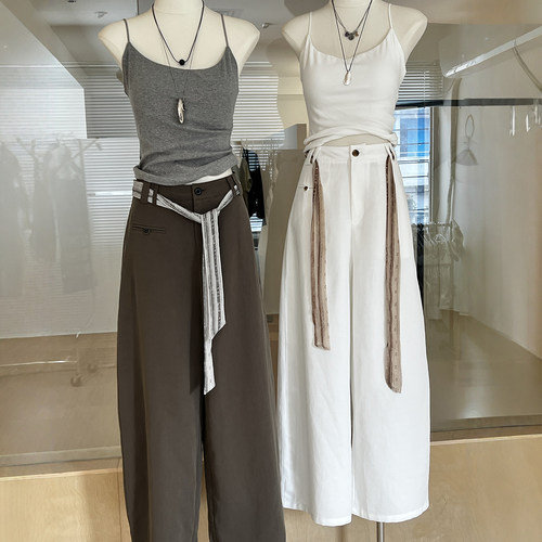 配丝巾腰带垂感阔腿长裤天丝棉麻