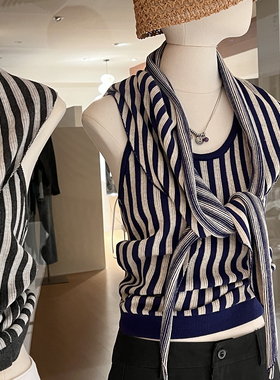 辣妹竖条纹披肩两件套女夏无袖挂脖针织背心露背修身时髦显瘦上衣