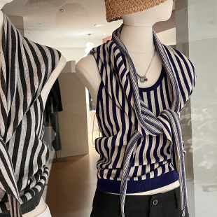 辣妹竖条纹披肩两件套女夏无袖 时髦显瘦上衣 挂脖针织背心露背修身