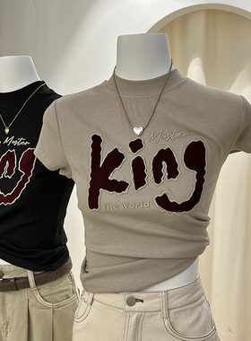 正肩t恤女小立领修身短款 植绒字母美式复古纯欲短袖新款打底上衣