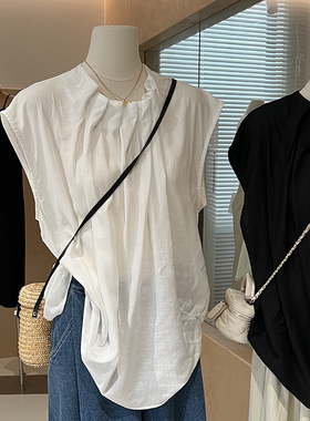 清仓 立体压褶领无袖衬衫女夏薄款小飞袖设计感法式气质宽松上衣