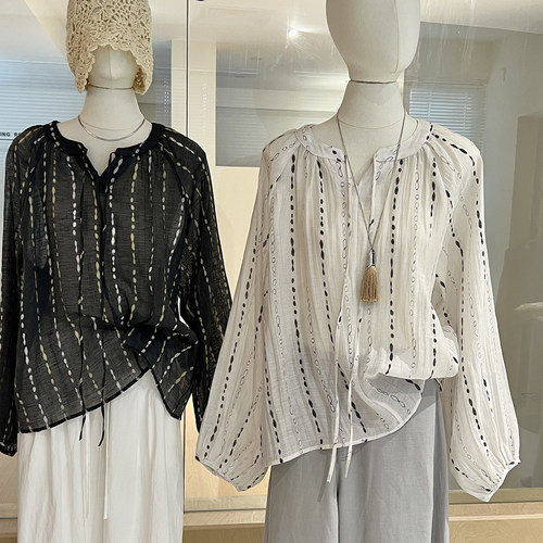 条状复古印花衬衫轻薄款防晒长袖