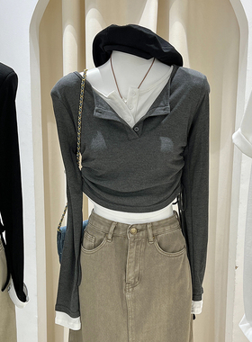 清仓 假两件上衣女秋长袖短装修身抽绳收腰 别致拼垫肩打底t恤