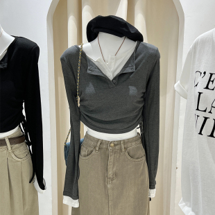 抽绳收腰 清仓 修身 短装 别致拼垫肩打底t恤 假两件上衣女秋长袖