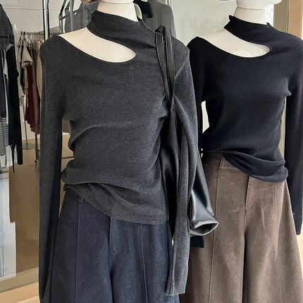 挂脖半高领打底针织衫女高级感纯欲轻熟设计感不规则挖肩修身上衣