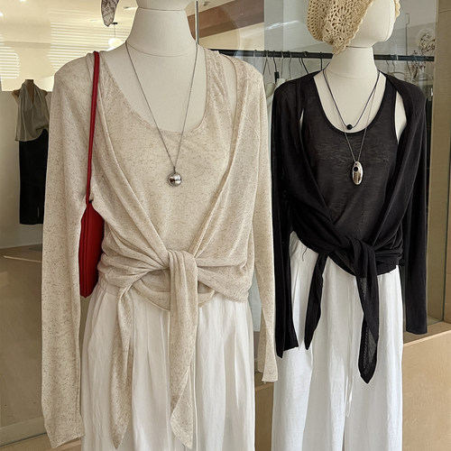 莱赛尔亚麻针织开衫+背心两件套