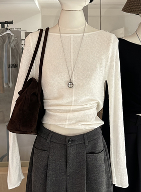 肌理感一字领针织衫女秋薄款气质轻熟风修身长袖羊毛内搭打底上衣