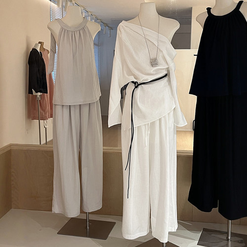 棉麻不规则露肩斜肩上衣+阔腿裤