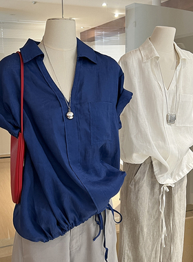 蓝色短袖亚麻衬衫女夏宽松下摆抽绳休闲 v领高级感法式松弛感上衣