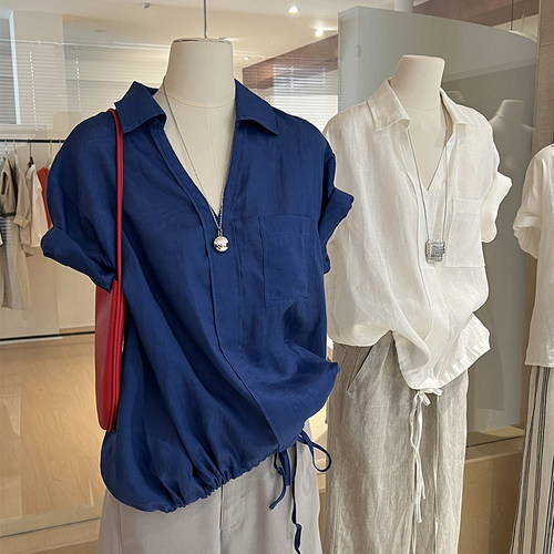 亚麻短袖衬衫宽松下摆抽绳松弛感