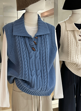 蓝色针织马甲背心女秋冬宽松翻领牛角扣叠穿外穿麻花毛衣无袖上衣