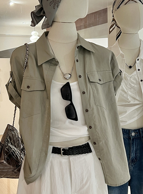 工装风短袖衬衫女夏季薄款外穿棉麻高级感宽松设计感小众翻领上衣