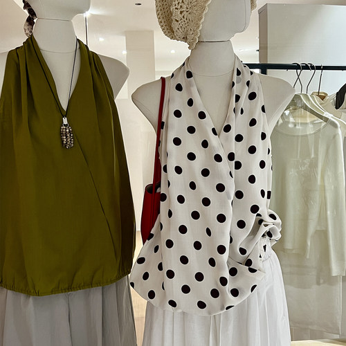 法式复古风波点挂脖V领背心衬衫