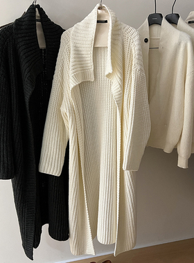 粗棒针毛衣开衫女2024秋季宽松慵懒风氛围感翻领羊毛长款针织外套